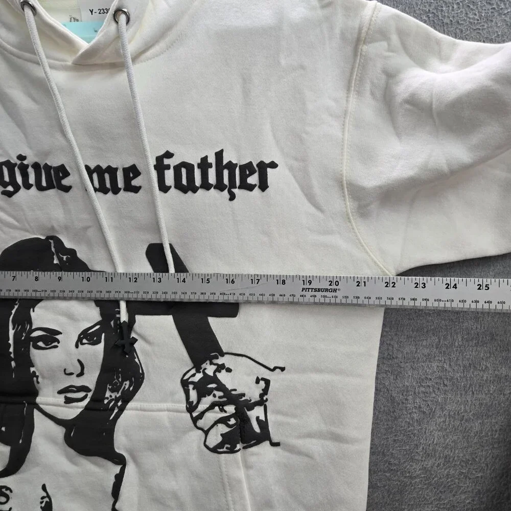 Subliminal Men Hoodie M White Graphic‎ Print Forgive Me Father Woman Portrait